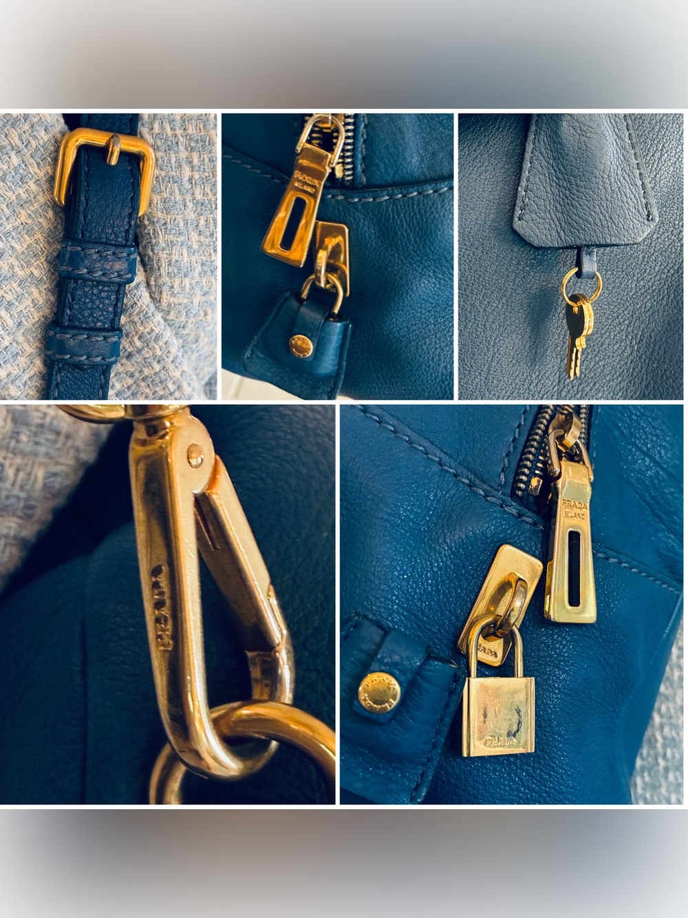 💙 PRADA Vitello Daino Bauletto Satchel Crossbody Bag Blue Very Chic EUC - Picture 15 of 17